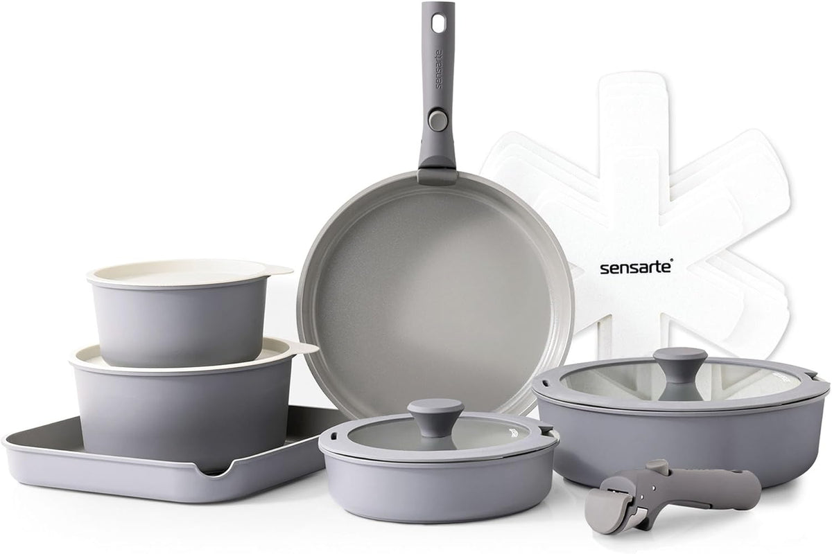 SENSARTE 17 Piece Ceramic Pots and Pans Set, Nonstick Detachable Handle Cookware, Induction Kitchen Cookware Set with Removable Handle, Dishwasher ?? Oven Safe (Gray)