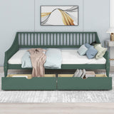 Full Size Wooden Daybed with 2 Storage Drawers and Wood Support Legs, Multi-Functional Full Day Bed wtih Rails on 3 Sides for Bedroom, Living Room and Guestroom, Green